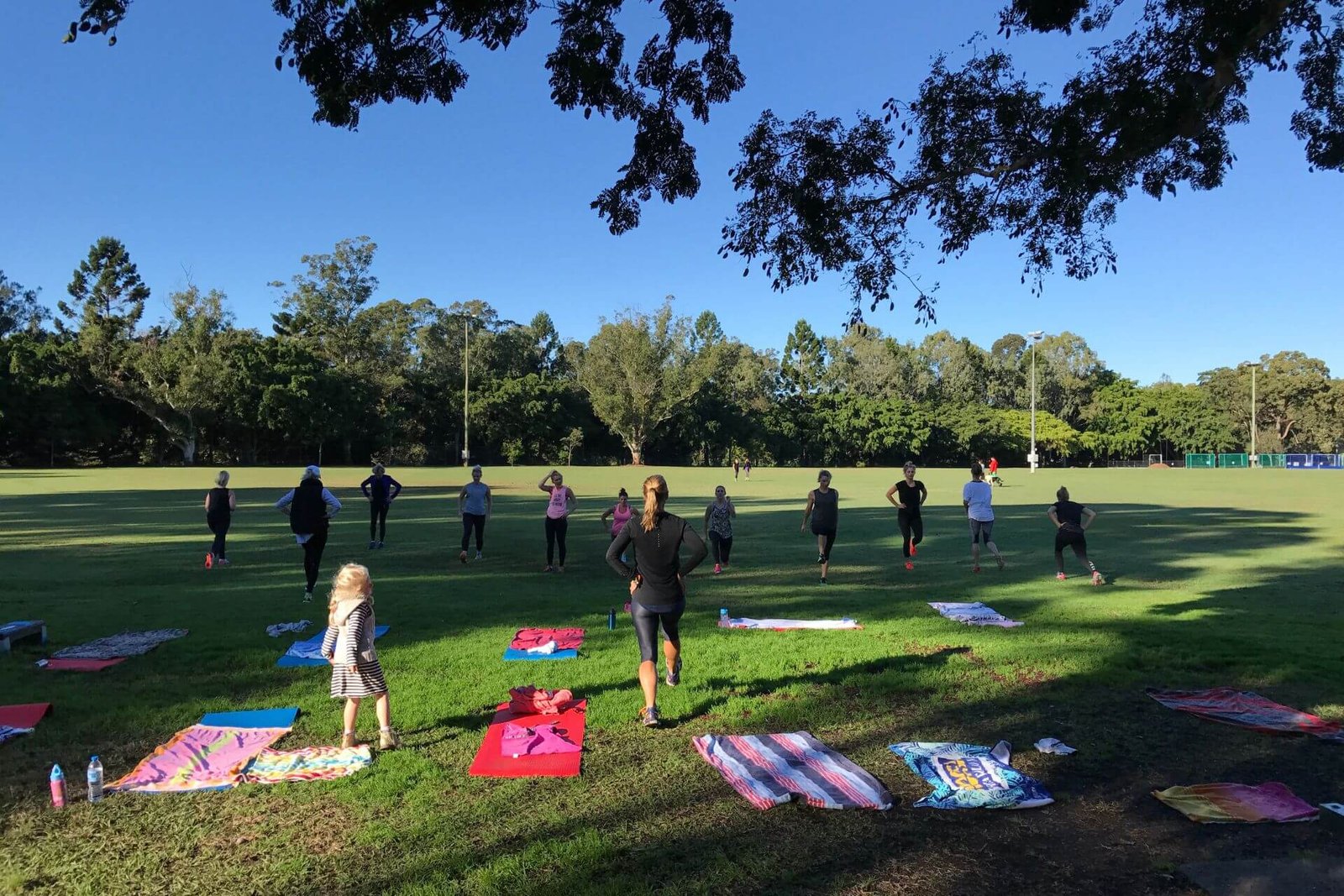 large group of women doing exercise together in the park