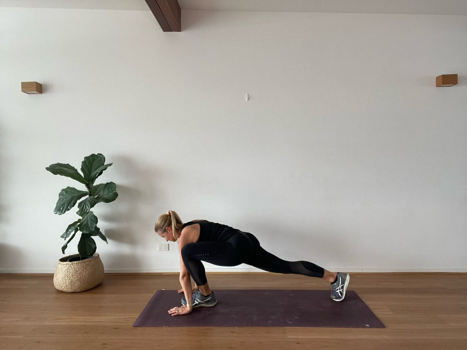 Anna in studio in lizard lunge